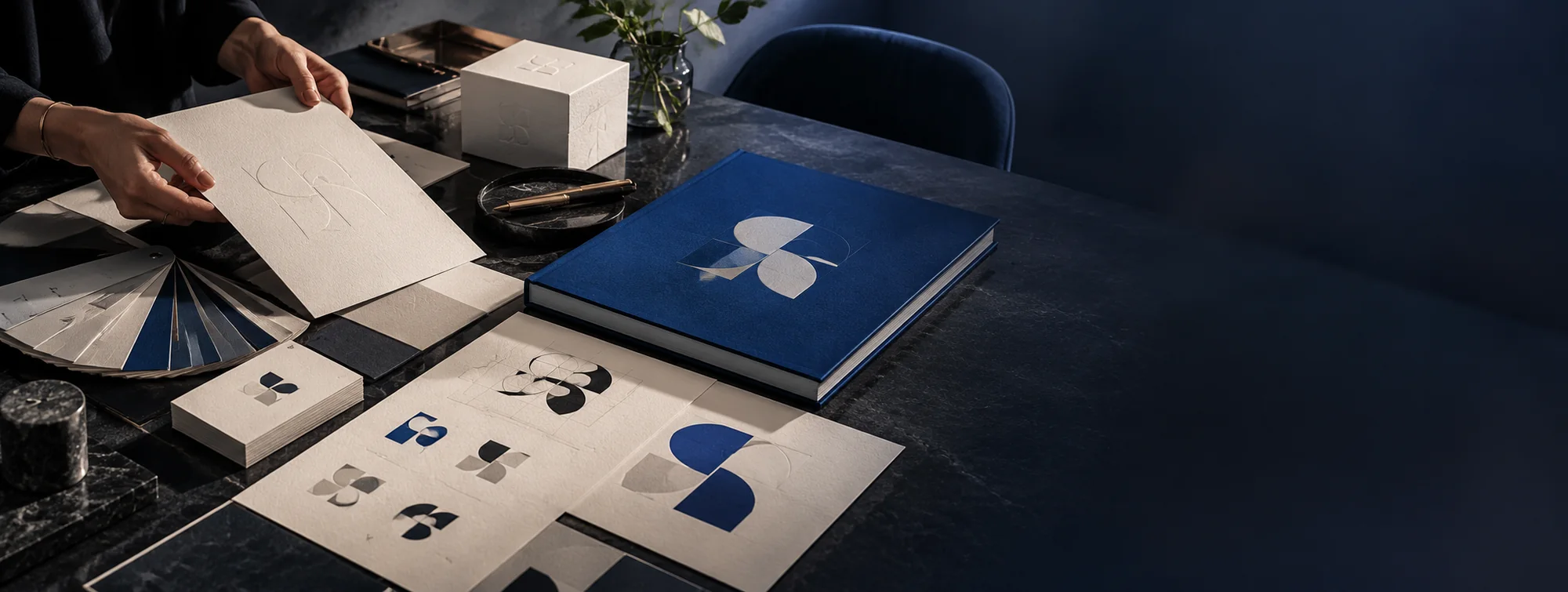 Brand identity system with logo explorations and guidelines book
